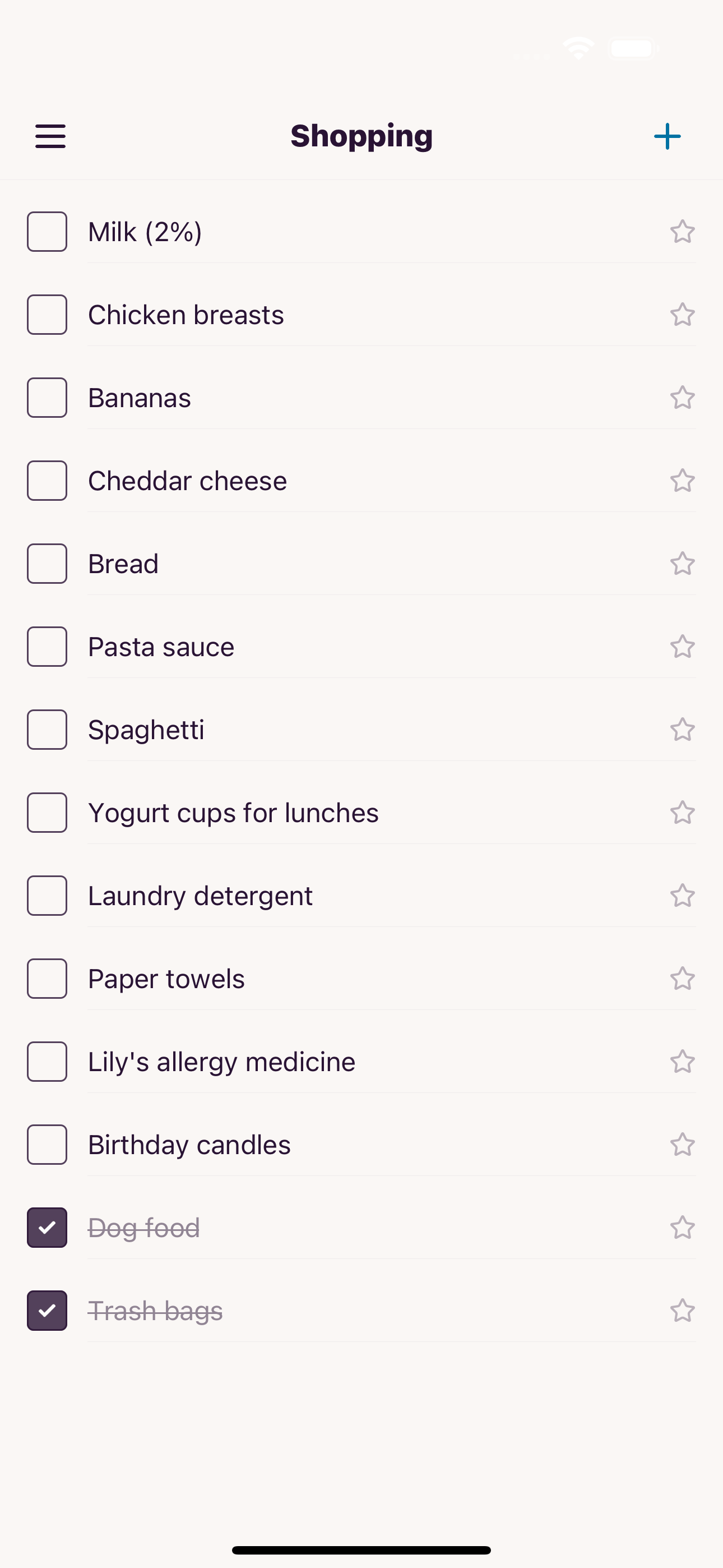 Screenshot of the Tera shopping list